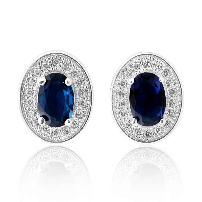Luxury Meets Affordability – Jewelry Sale Now Live Sterling Silver Created Sapphire and Zirconia Oval Studs