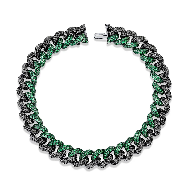 Discounted Jewelry For A Glamorous Look MEN'S BLACK DIAMOND & GREEN GARNET TWO TONE PAVE ESSENTIAL LINK BRACELET Discounted Jewelry For A Glamorous Look MEN'S BLACK DIAMOND & GREEN GARNET TWO TONE PAVE ESSENTIAL LINK BRACELET
