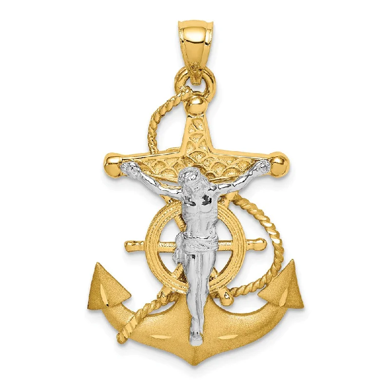 14K Two-Tone Gold 3D Mariner Crucifix Cross Pendant, 21 x 34mm