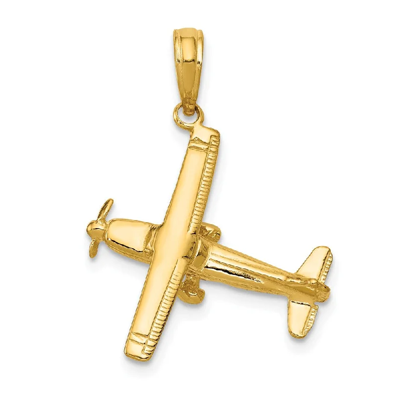 14k Yellow Gold 3D High-Wing Airplane Pendant