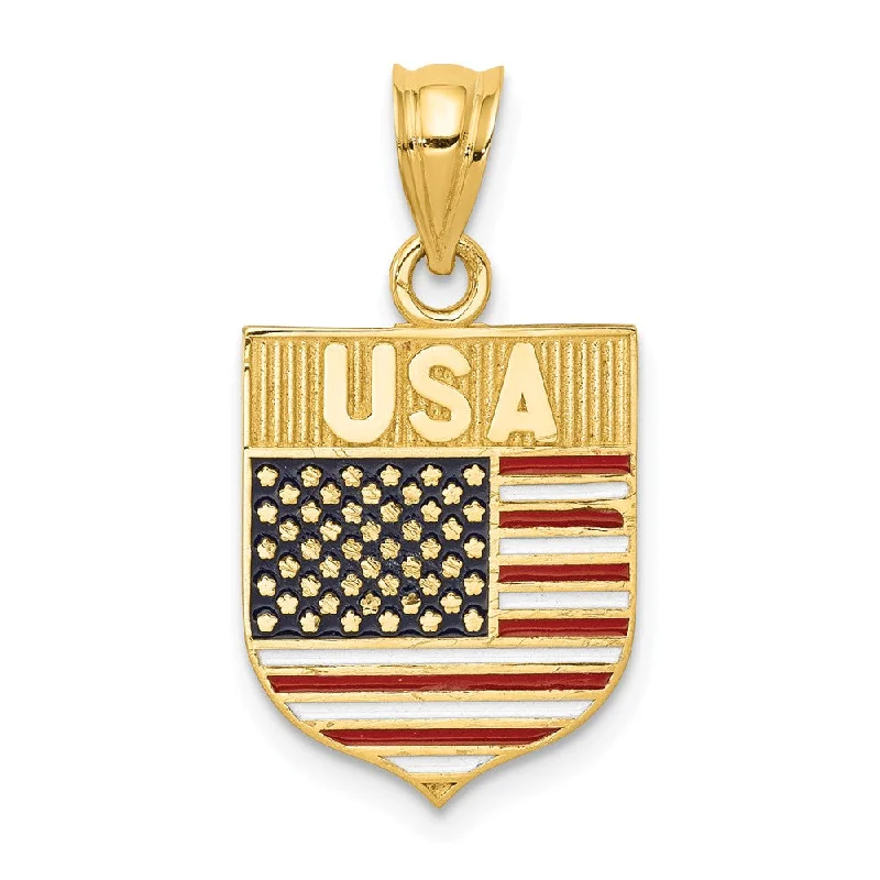 14k Yellow Gold and Enameled USA Flag Shield Pendant, 14 x 24mm