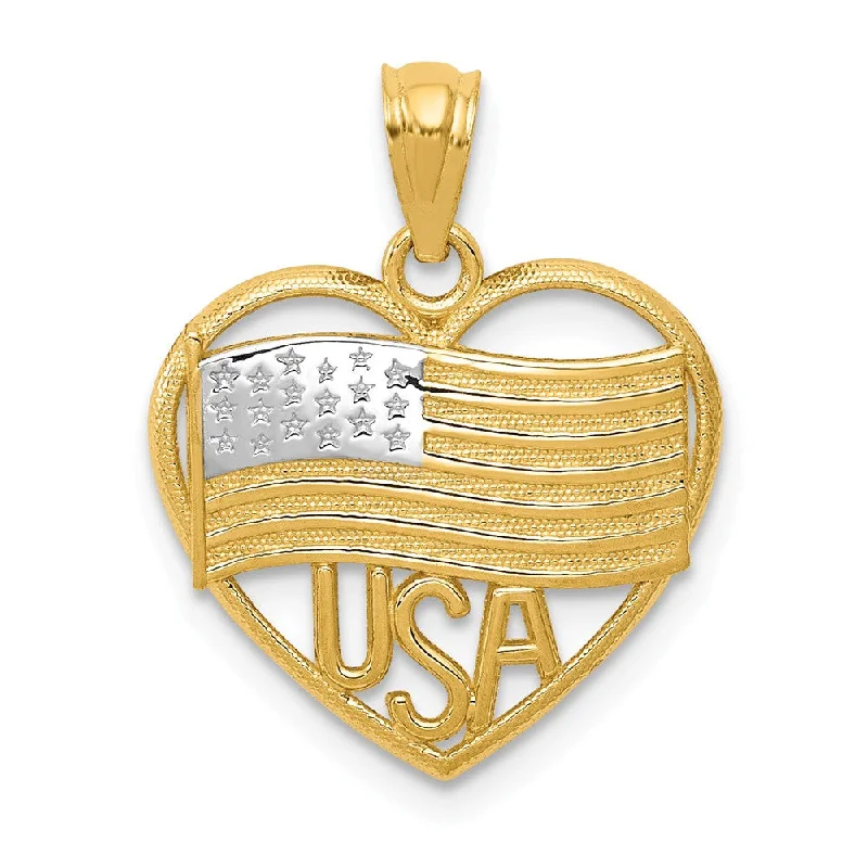 14k Yellow Gold and White Rhodium USA Flag Heart Pendant, 16 x 20mm