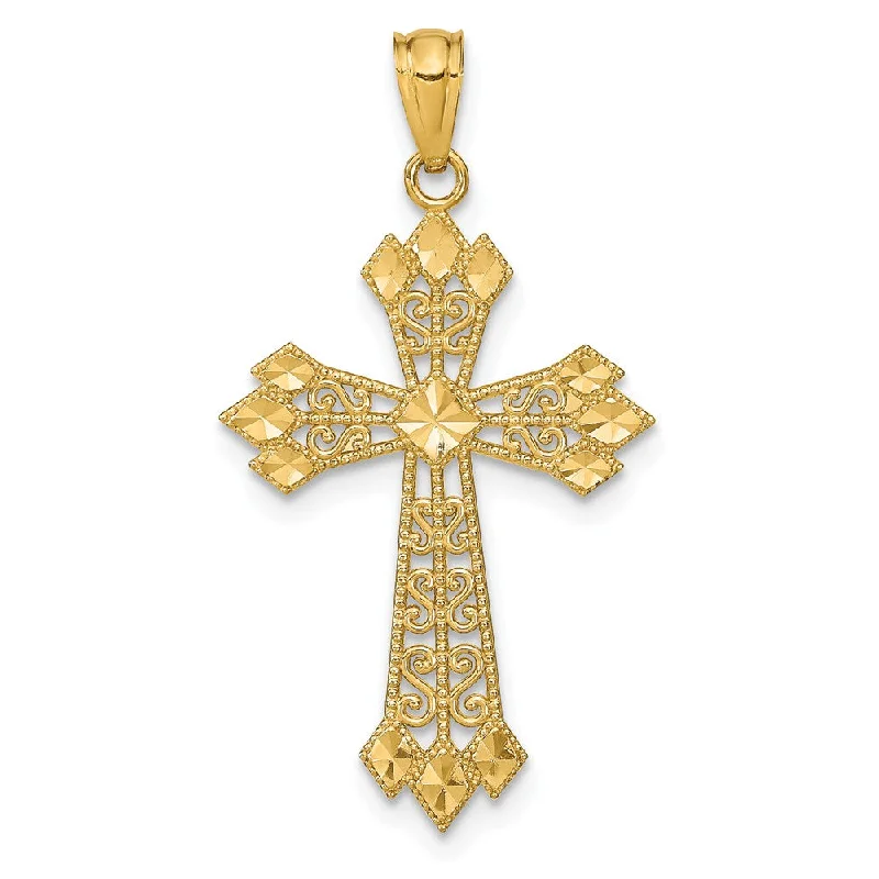 14k Yellow Gold Diamond-Cut Filigree Cross Pendant, 17 x 32mm