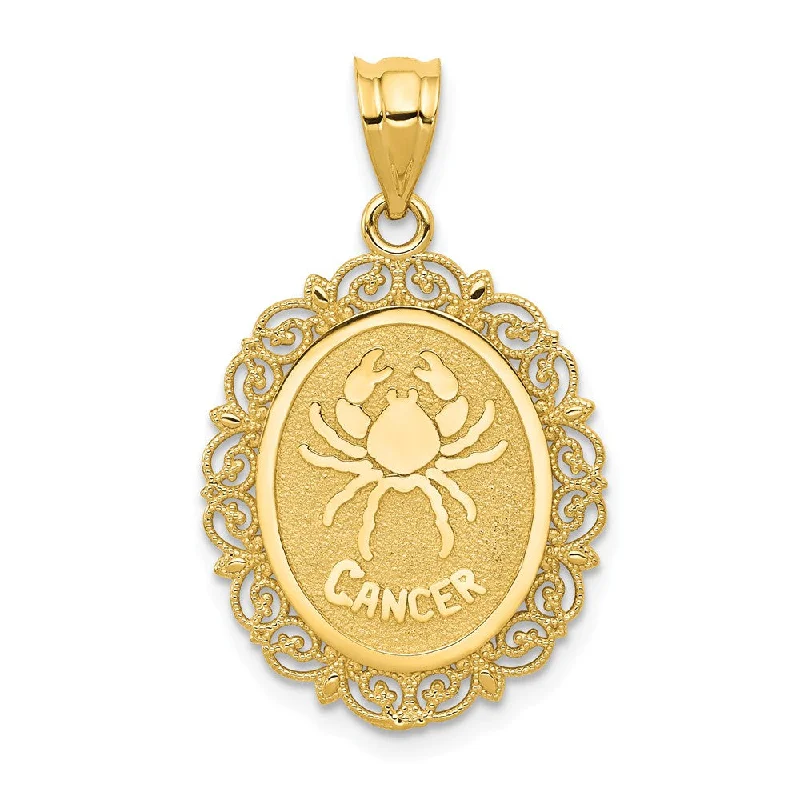 14k Yellow Gold Filigree Oval Cancer the Crab Zodiac Pendant, 20mm