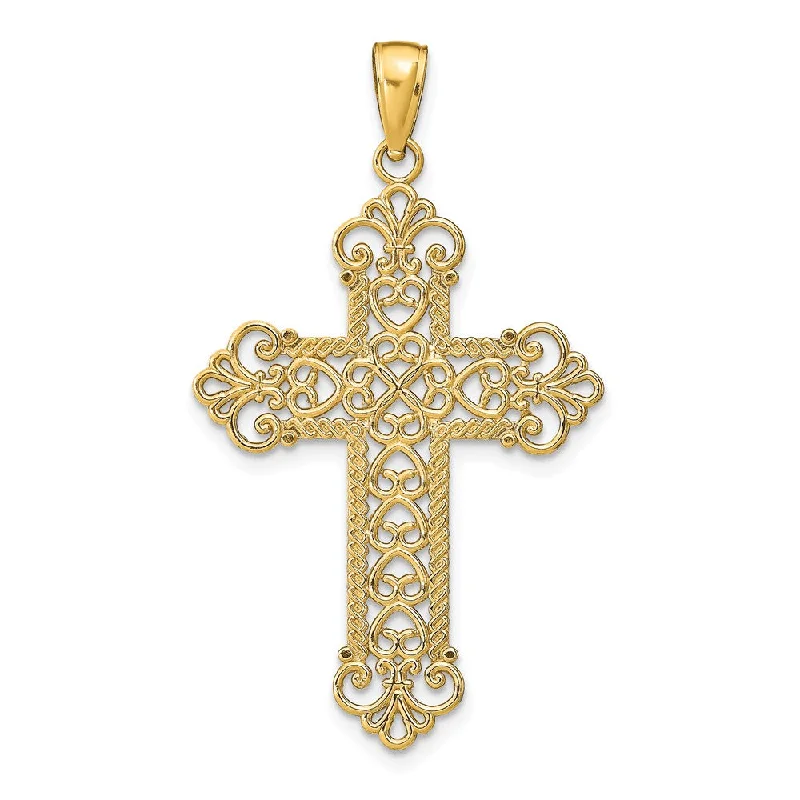 14k Yellow Gold Fleur de lis Cross Pendant, 24 x 42mm