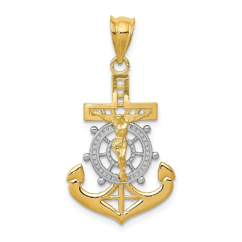 14k Yellow Gold & Rhodium Mariner's Crucifix Cross Pendant, 16 x 31mm