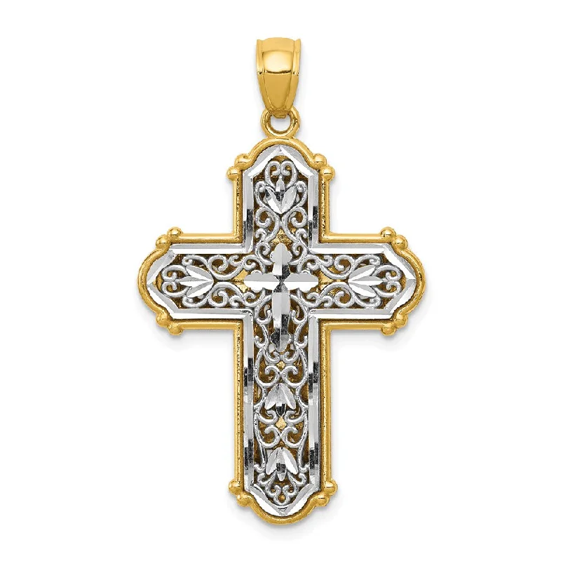 14k Yellow Gold & Rhodium Reversible Filigree Cross Pendant, 22 x 38mm