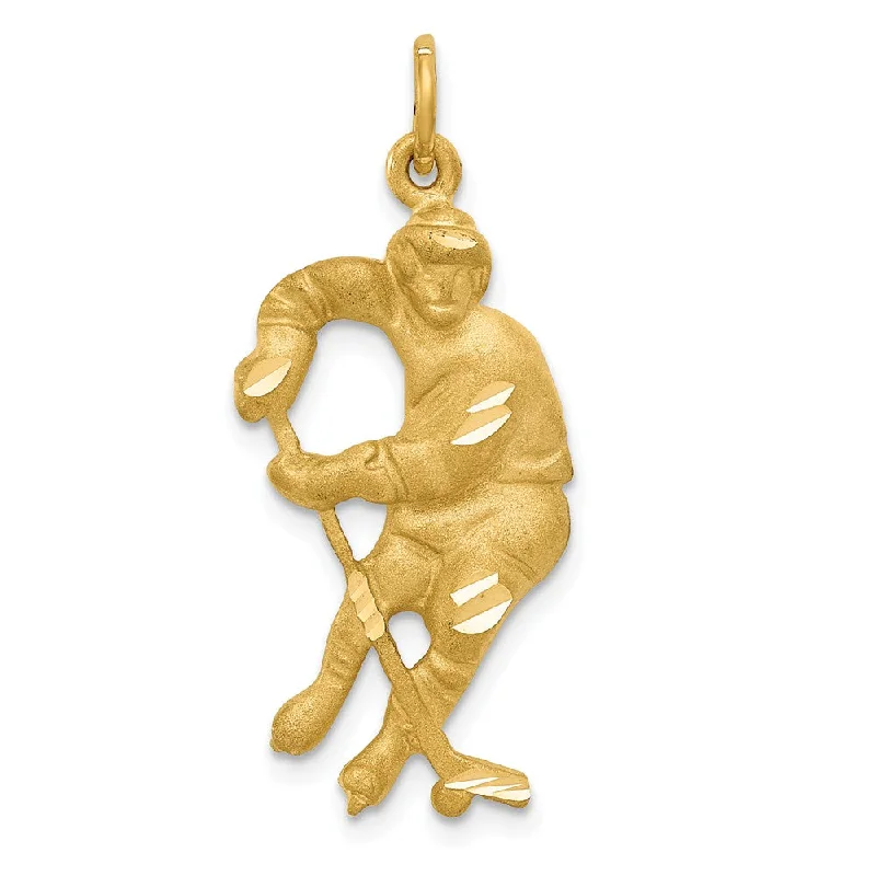Premium Jewelry, Premium Discounts – Act Fast 14k Yellow Gold Satin and Diamond Cut Hockey Player Pendant