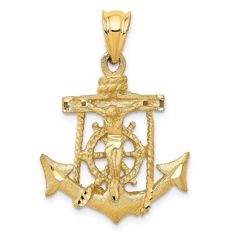 14k Yellow Gold Satin & Diamond-Cut Mariners Crucifix Cross Pendant