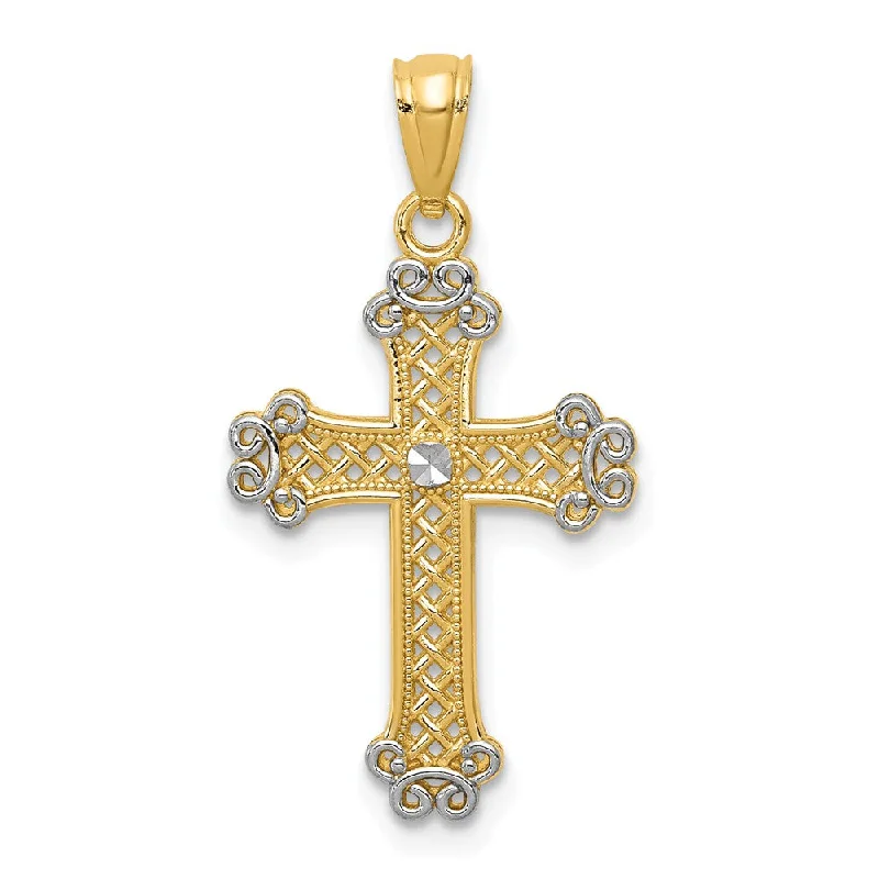Dainty Floral Jewelry For Feminine Elegance 14k Yellow Gold & White Rhodium Filigree Cross Pendant, 14 x 26mm