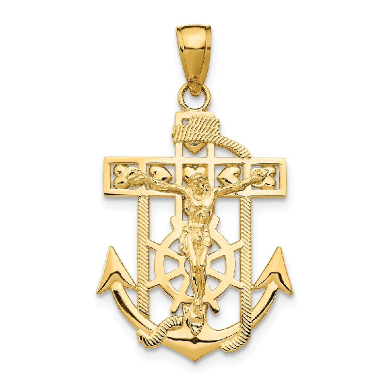 14k Yellow or Two-Tone Gold Textured Mariner Crucifix Pendant, 18x33mm