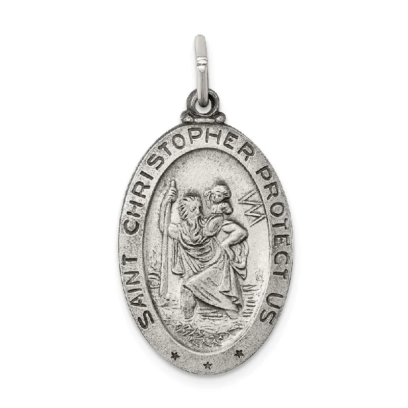 Sterling Silver Antiqued Oval St. Christopher Medal Pendant, 16 x 32mm