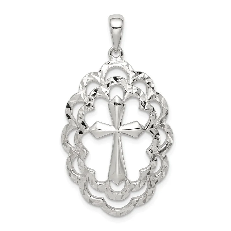 Shop Handcrafted Jewelry At Special Promotional Rates Sterling Silver Diamond-Cut Oval Bordered Cross Pendant, 21 x 38mm