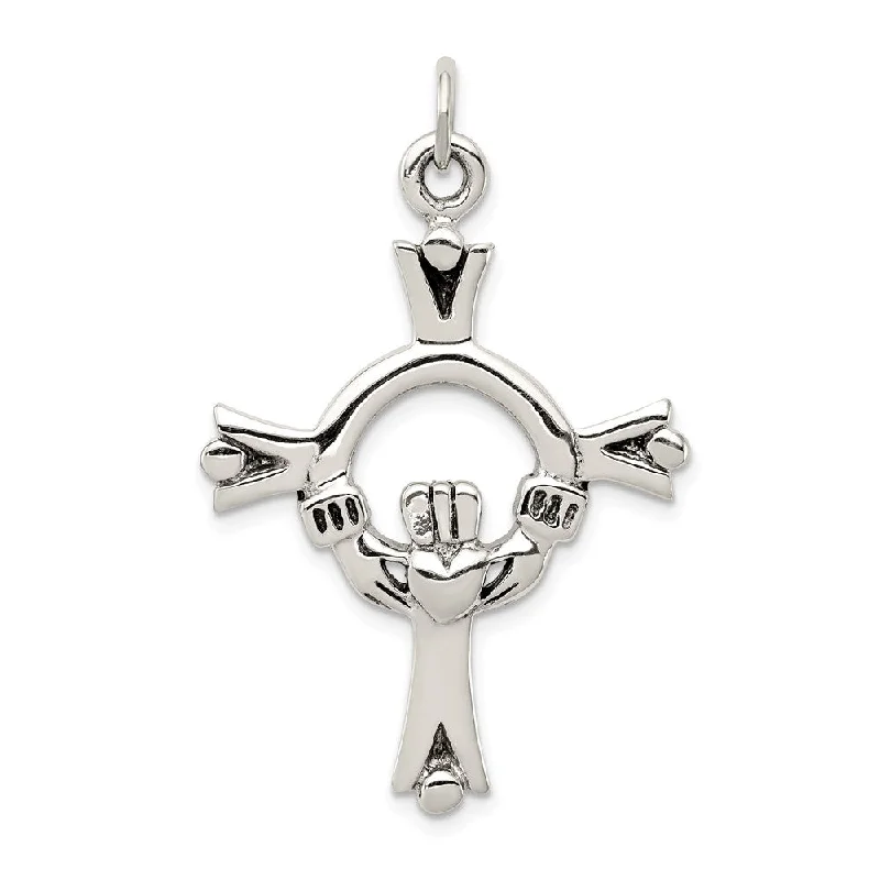 Sterling Silver Solid Antiqued Claddagh Cross Pendant, 25 x 42mm