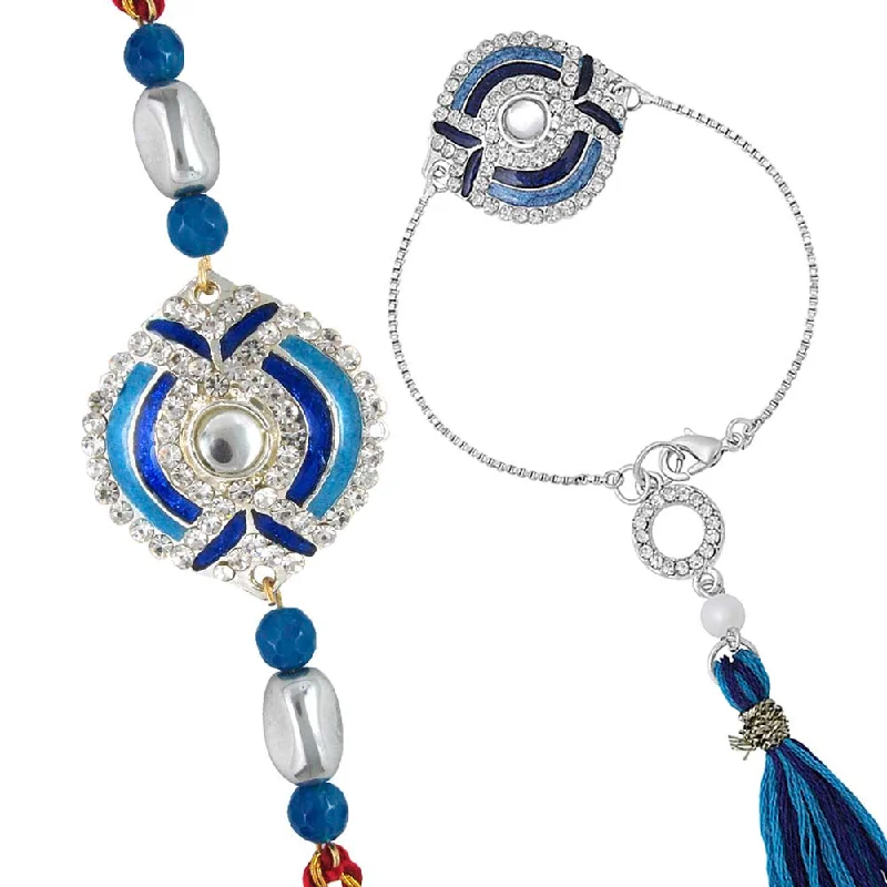 Don't Miss Out On Jaw-Dropping Jewelry Discounts Mahi Blue Meena Work Enamel and Crystals Rakhi Combo for Bhai and Bhabhi (RCOL1105342M)