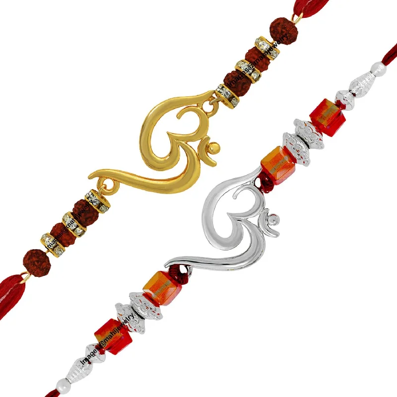 Stunning Statement Jewelry, Unbeatable Discounts Mahi Combo of 2 Divine Om Rudrakshaa Crystal Studded Rakhi (Bracelet) for Adorable Brothers/Bhaiya RTCO1104976M