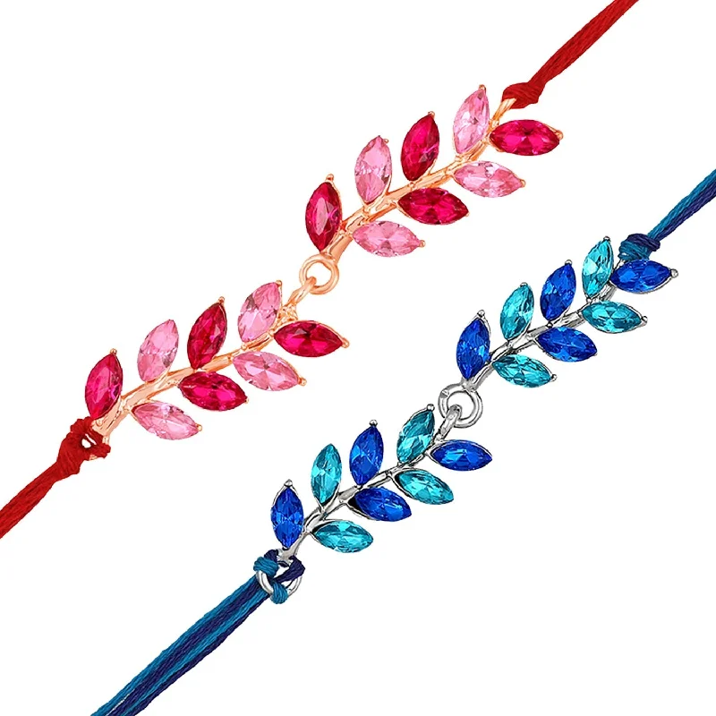 Your Perfect Accessory Now At The Best Price Mahi Combo of 2 Leaf Shaped Beautiful Rakhis with Red Pink and Blue Coloured Crystals for Bhai (RCO1105531M)